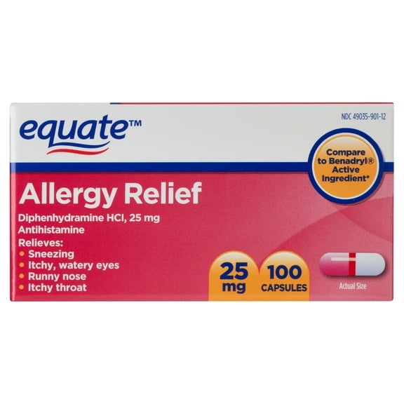 Equate Allergy Relief Diphenhydramine HCl 25mg Antihistamine Capsules, 100 Count, Compare to Benadryl® Active Ingredient