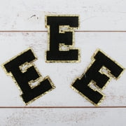 3 Pack Chenille Iron On Glitter Varsity Letter "E" Patches - Black Chenille Fabric With Gold Glitter Trim - Sew or Iron on - 5.5 cm Tall