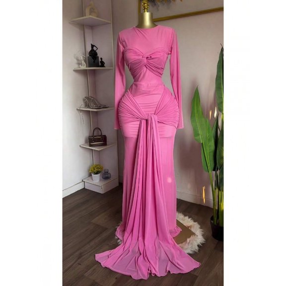 Pink Womens Long-Sleeved Round-Neck Ruched Wrap Mermaid Maxi Dress