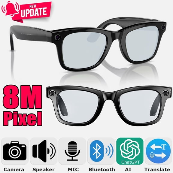 Smart Glasses with 8MP HD Camera Photo Video Recording, ChatGPT AI Photos Recognition, Q&A, Live Translation, Bluetooth Earphone Call, Music (HD Anti Blue Light Lenses)