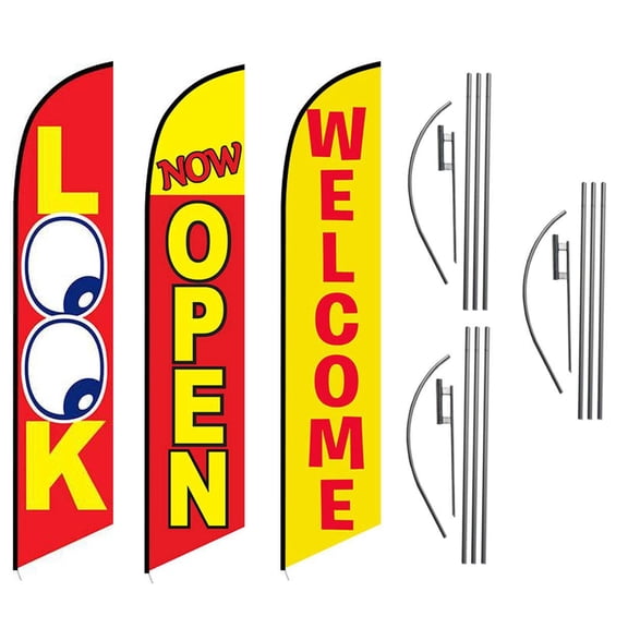 Look Now Open Welcome Red Yellow Advertising Feather Flag Kits Package, Includes 3 Banner Flags, 3 Flag Poles, and 3 Ground Stakes by Feather Flag Nation