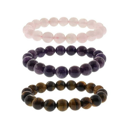 Amethyst Rose Gold Bracelet - 10mm Simulated Rose Quartz, Simulated Amethyst and Simulated Tiger's Eye Stretchy Bracelet Set