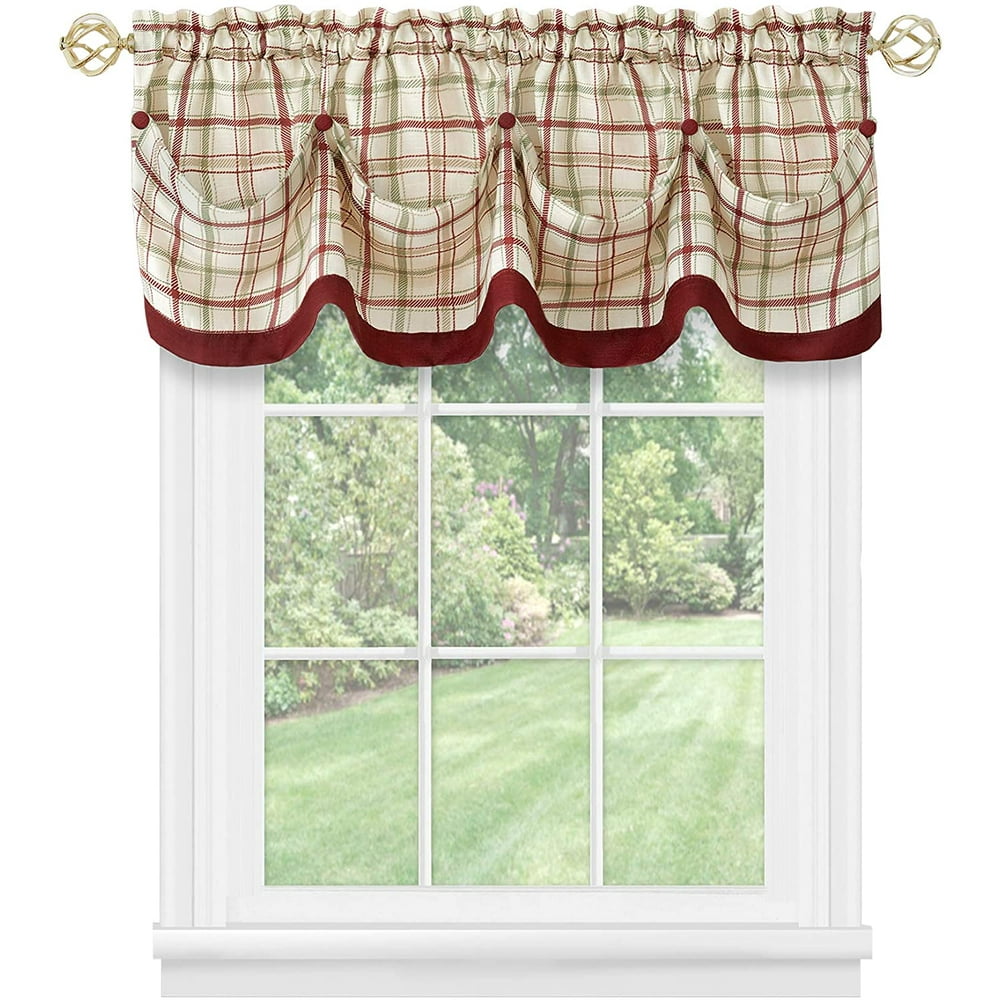 Window Curtain Valance, Double Layer Plaid Gingham Design, Button Tab