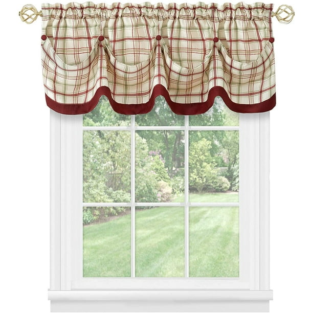 Window Curtain Valance, Double Layer Plaid Gingham Design with Button