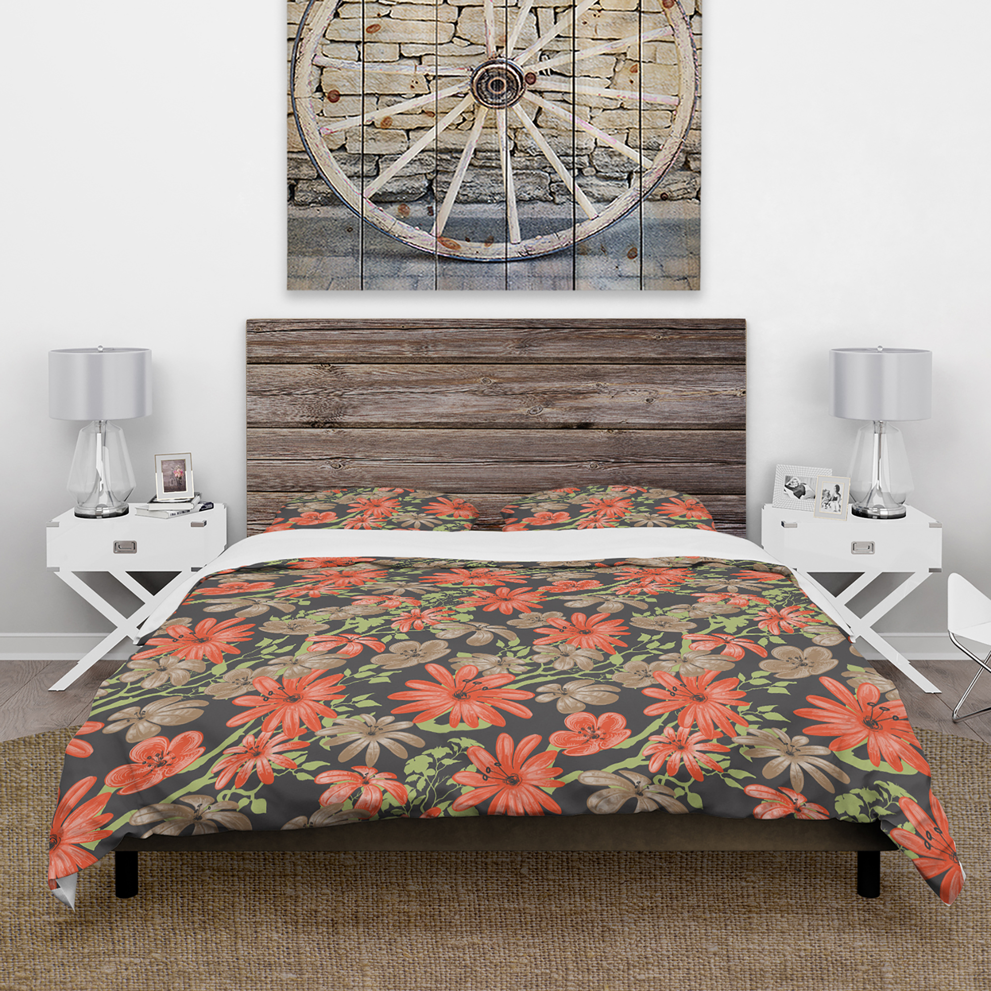 Designart 'Red and Brown Flowers with Background of Green Branches' Floral Duvet Cover Set