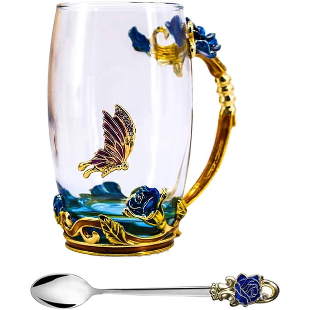 Taza de té, regalo para el día de la madre, taza de café, juego de tazas de vidrio transparente con cuchara, mariposa hecha a mano sin plomo, diseño único de esmalte de rosa, decoración de cumpleaños, ideas de regalo de boda (azul alto) Sailing Electrónica