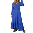 thumbnail image 6 of vigerkar Women's Linen Maxi Dress Long Sleeve with Pockets Casual V-Neck Tiered Ruffle Dress Boho Beach Pleated Long Dress Dark Blue, XXL, 6 of 9