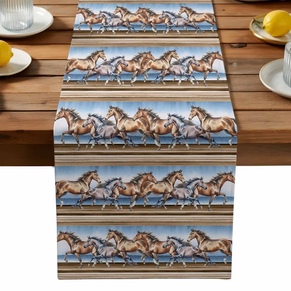 Western Horse Table Runner, Vintage Watercolor Brown Grey Running Horses Washable Kitchen Table Runners Dress Scarves for Dining Table Decorations Party, 18x72in