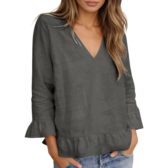 Women's Linen for Summer Ruffle Long Sleeve V Neck Casual Loose Comfy Work Blouses T Shirt,Grey,L