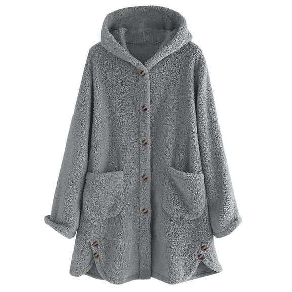 Gytharion Women's Fleece Jacket Solid Color Hooded Button Front Oversized Plush Cape with Pockets Soft Warm Poncho Coat