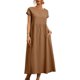 thumbnail image 3 of Vestido de playa de lino y algodón para mujer, informal, holgado, de manga corta, con cuello redondo y bolsillos, 3 of 5