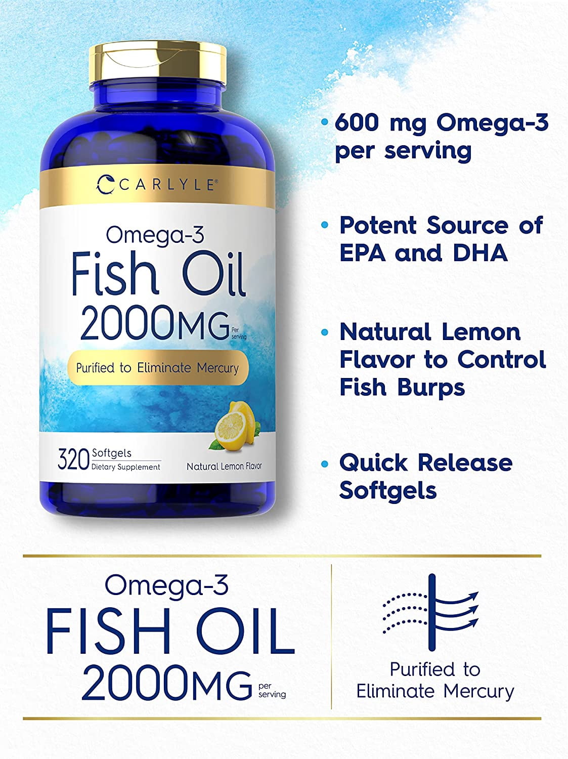 Fish Oil 2000mg | 320 Softgels | 600mg Total Omega 3 | Non-GMO & Gluten Free | by Carlyle
