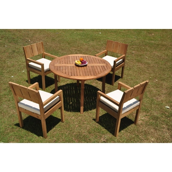 Grade-A Teak Dining Set: 4 Seater 5 Pc: 48" Round Table And 4 Veranda Arm Chairs Outdoor Patio WholesaleTeak #WMVR46