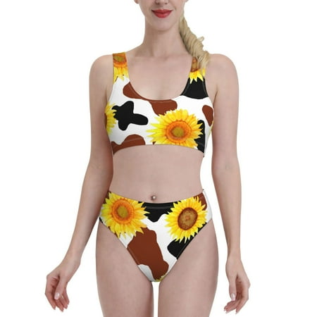 Bixox Sunflower Cow Pattern Two-Piece Sports Bikini with U-Shaped Top and High-Waist Bottom - Women s Swimwear with Removable Bra Pads