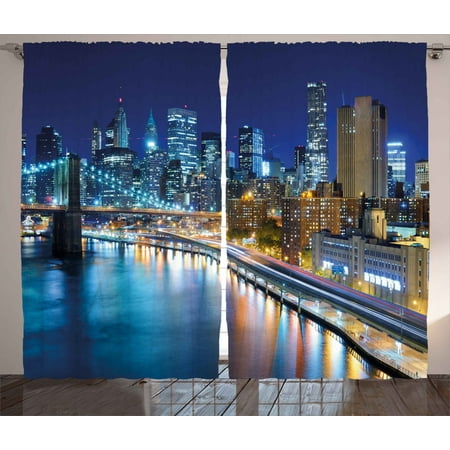 

Landscape Curtains 2 Panels Set View of New York City Manhattan Bay Harbour at Night with Lights and Skyscrapers Window Drapes for Living Room Bedroom 108W X 90L Inches Multicolor by Causdon