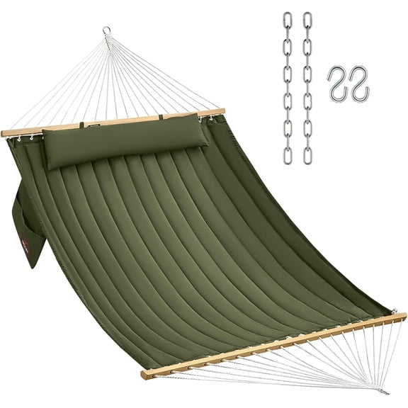 Double Quilted Fabric Hammock with Hardwood Spreader Bars and Pillow 450 LBS Capacity 2 Person Large for Outdoor Patio Backyard Poolside - Green