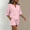 thumbnail image 6 of Women's Cotton Summer Two-Piece Set Short Sleeve V-Neck Ruffle Top, Elastic Waist Shorts, Casual Lounge Outfit, Solid Color Matching | TruHer,Pink XL, 6 of 8