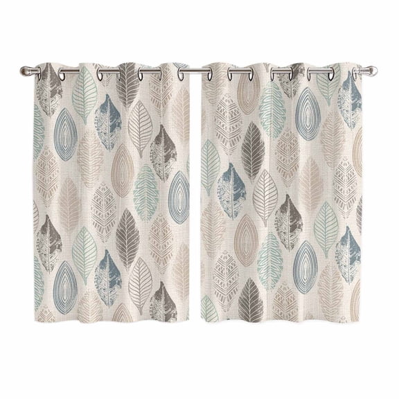Teal Beige Tropical Leaves Kitchen Curtains 63 Inch Length, Farmhouse Burlap Aesthetics Grommet Top Bedroom Living Room Curtains, Light Filtering Cafe Curtain Drapes 2 Panels Set 104''x63''