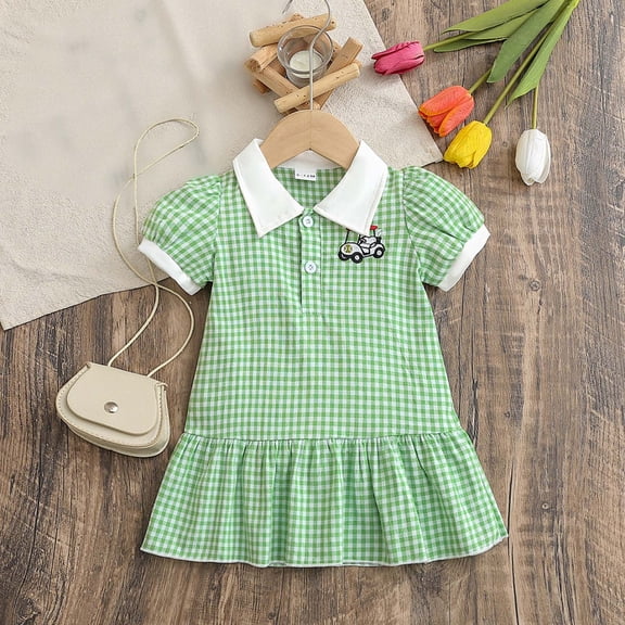 Huowey Girls Baby Classic Dresses Plaid Floral Embroidery Button Summer A-Line Dress Polo Collar Short Puff Sleeves Comfortable Casual Outfit Fashionable Dailywear,Green,6-12 Months