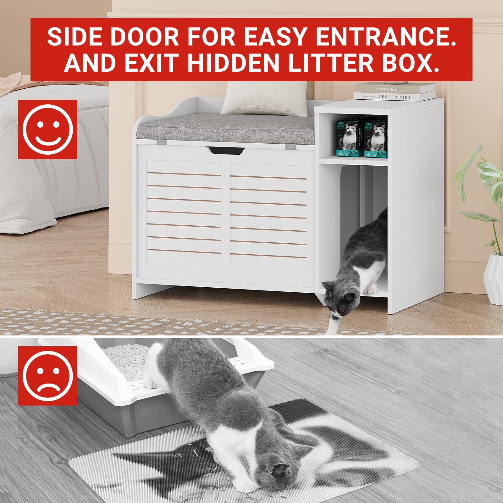 Large Wooden Cat Litter Box Enclosure – Flip-Top Opening, Hidden Storage Shelf, Litter Mat, Cushion & Pad – Covered Cat Washroom Furniture for Indoor & Heavy Cats