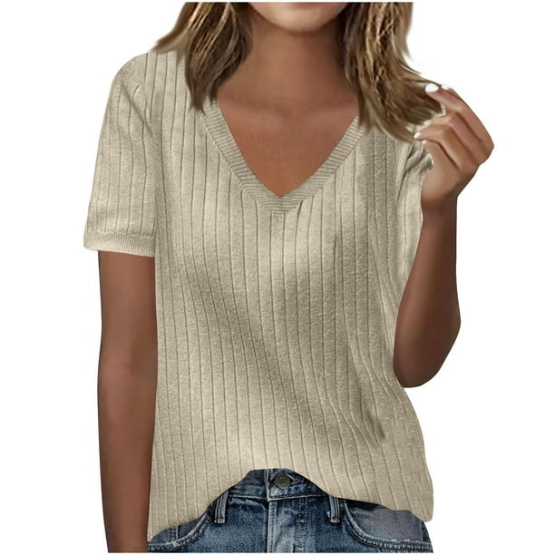 Camisas de Manga Larga Casual de las Mujeres Color Sólido Nuevo Cuello en V Tira Suelta Cepillada Camisa de Manga Corta