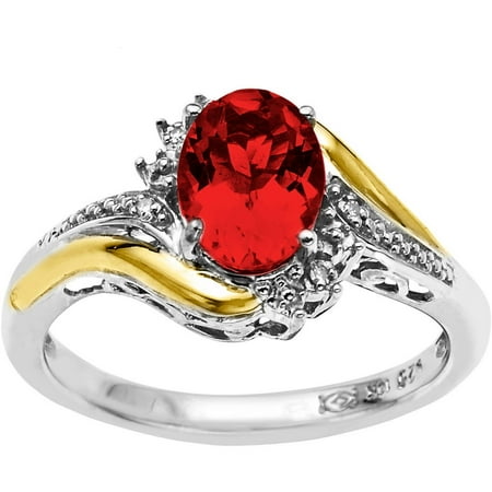- Sterling Silver with 10kt Yellow Gold Oval Created Ruby and Diamond Accent Ring