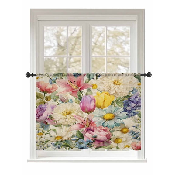 Sheer Curtains 45 Inch Length, Spring Floral Semi Sheer Curtains Light Filtering Window Treatment, Farmhouse Elegant Flowers Vintage Art Privacy Voile Drapes for Living Room Bedroom 52x45 Inch