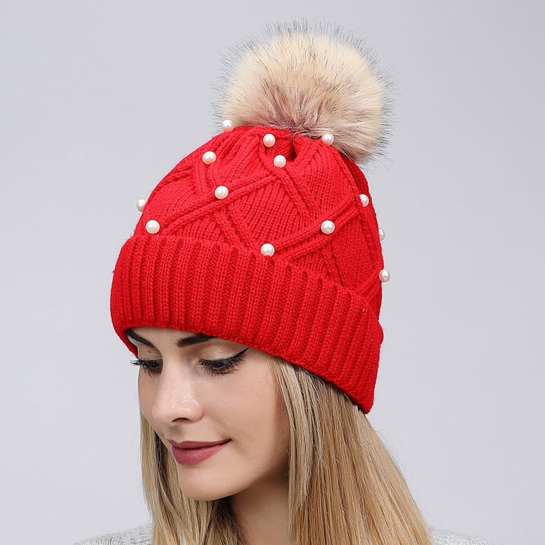 Women\'s knit beanie with pearls and faux fur pom Womens Winter Beanie Hat Cuffed Faux Fur Pom Hat Knitted  main image 2