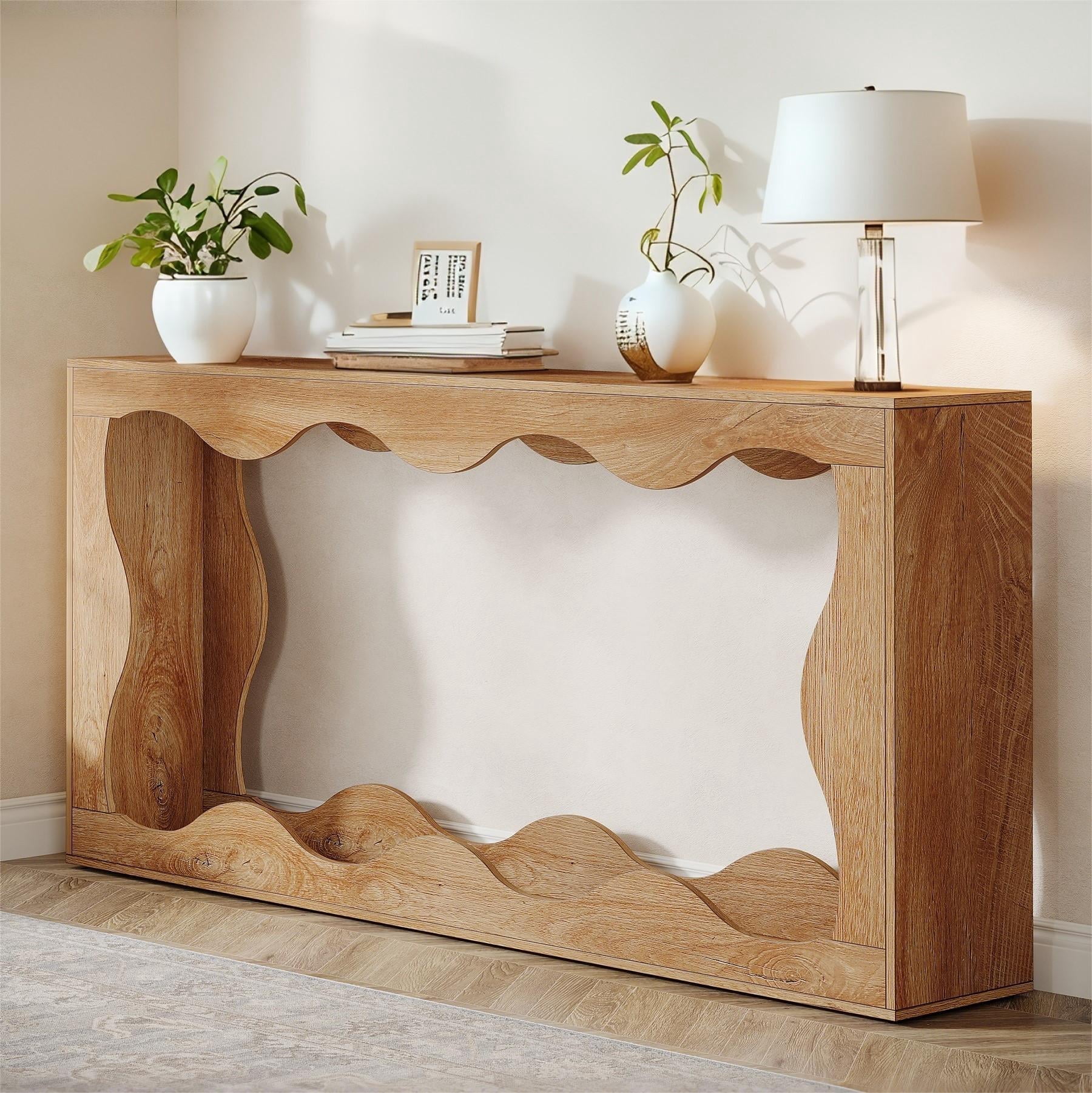 Fnova 63" Long Farmhouse Console Table for Entryway, Wave-Shaped Wood Entryway Table, Sofa Table for Living Room, Light Brown
