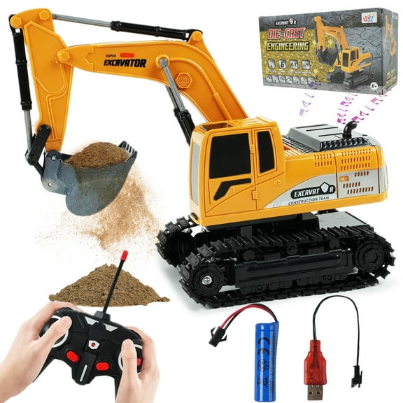 JBeeCtrl Remote Control Excavator Toys for Boys 2.4GHz 6 Channel RC Construction Vehicles Toys with Metal Shovel, Lights & Sounds RC Truck Christmas Birthday Gift for 3 4 5 6 7 8 Years Old Boys