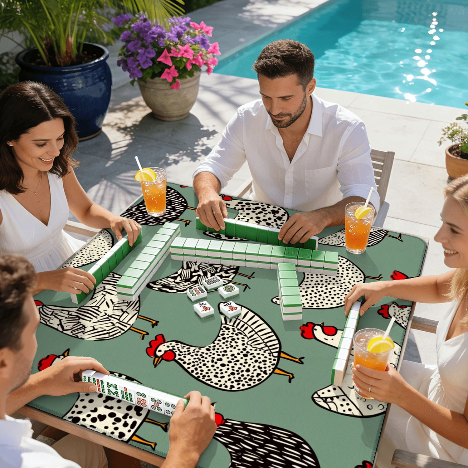 Mahjong Mat 31.5" x 31.5" seamless hand drawn chickens Beautiful ink drawing Non-Slip Noise Reduction American Mahjong Tiles Table Cover for Dominoes Poker Card Board Games Gift