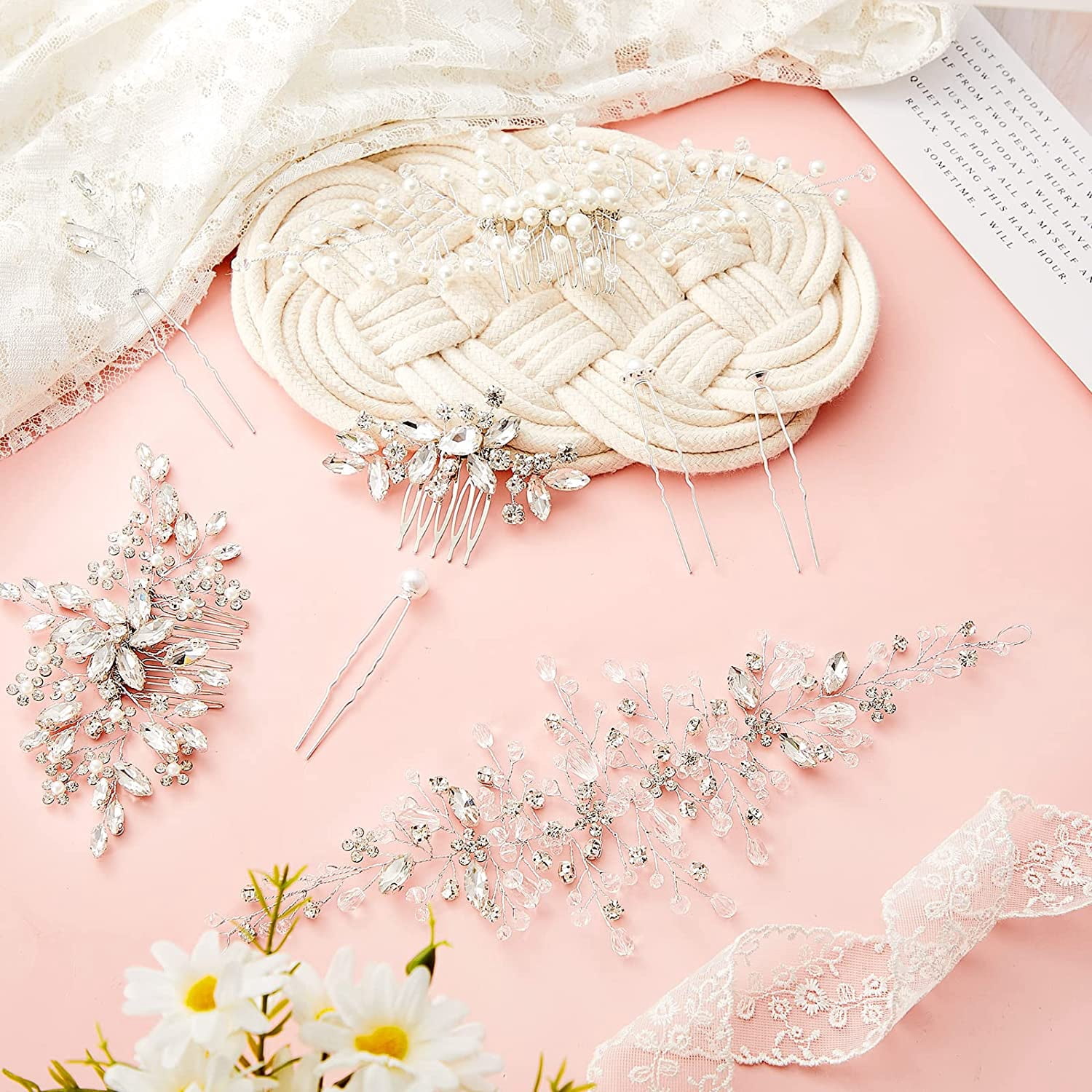 44 Pieces Wedding Hair Comb Faux Pearl Crystal Bride Hair Accessories Hair Side Comb Clips U-shaped Flower Rhinestone Pearl Hair Clips for Bride Bridesmaid (Fresh Style)