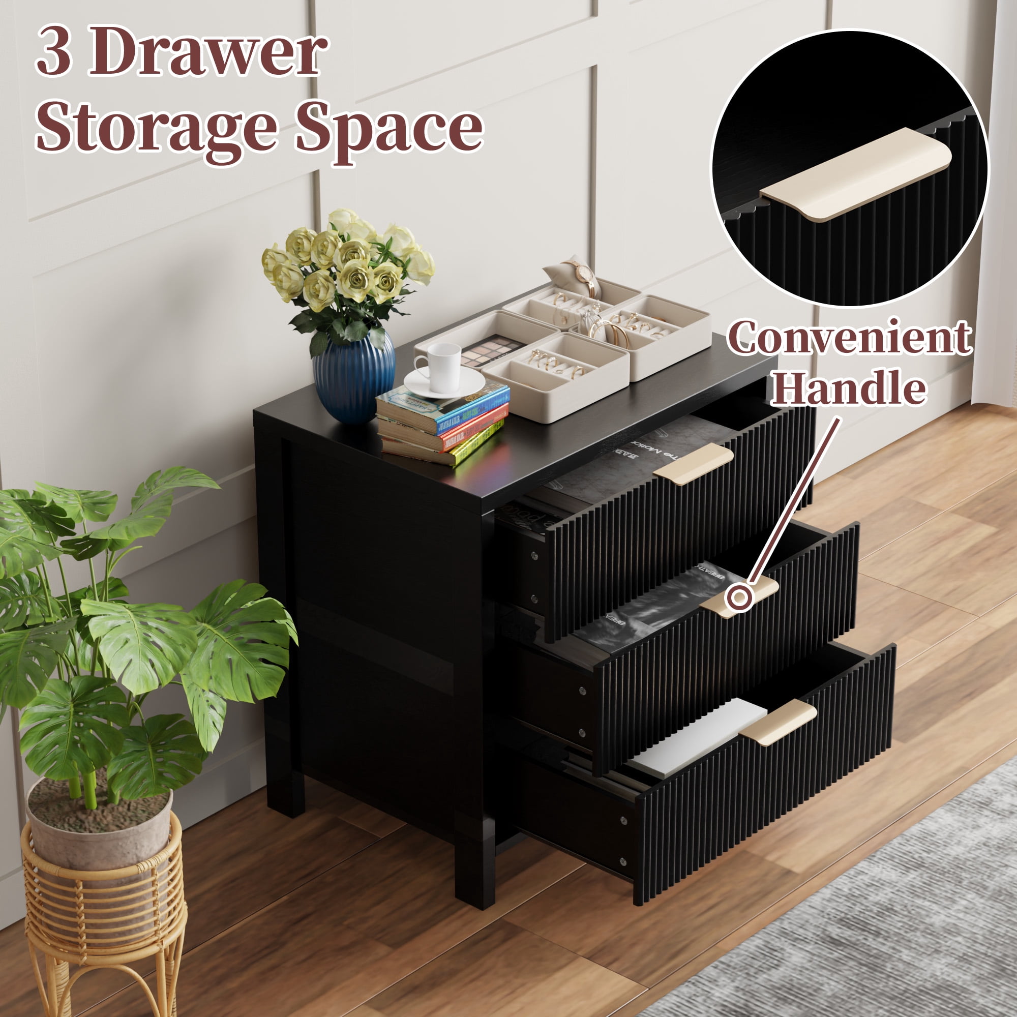 HASLE Fluted Nightstand with 3 Drawers, Mid-Century Modern Bedside Table, 23.7'' Wide Wood End Table for Bedroom, Black Finish