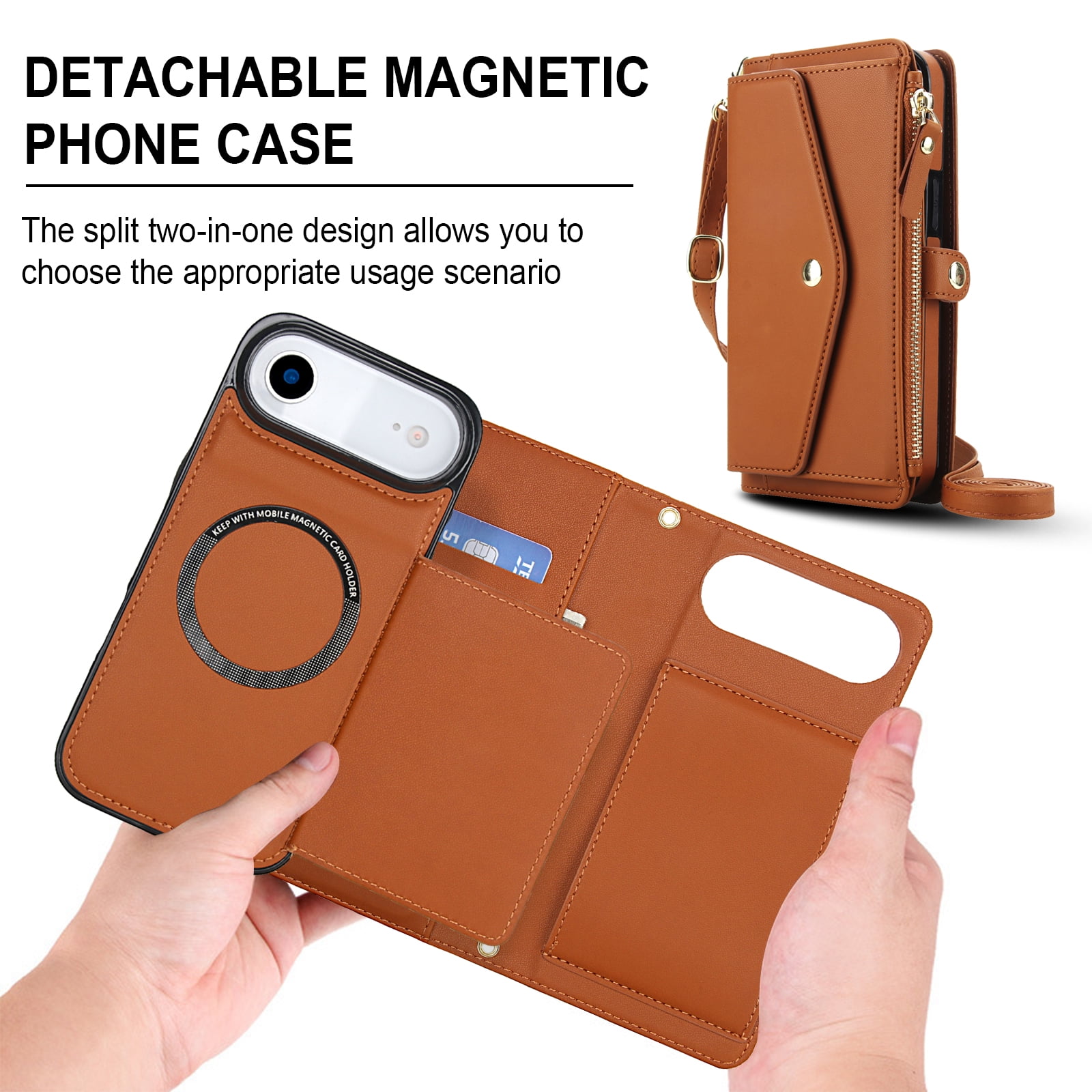 Designed for iPhone 17 Air Multi-Function Wallet Phone Case,With Shoulder Strap&Wrist Strap,Cash Pocket&Card Slots,Zipper Purse,Magnetic Detachable PU Leather Flip Phone Case,Brown