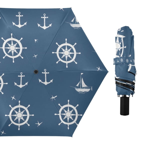 Anchors and Rudders Compact Sun Umbrella Windproof Travel Umbrellas for Rain Strong Portable UV Protection