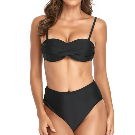 

Ruziyoog lingerie for women Sexy bikini Beach Style Solid Color High Waist Sexy Bikini 2-piece Womens SwimwearBlack L