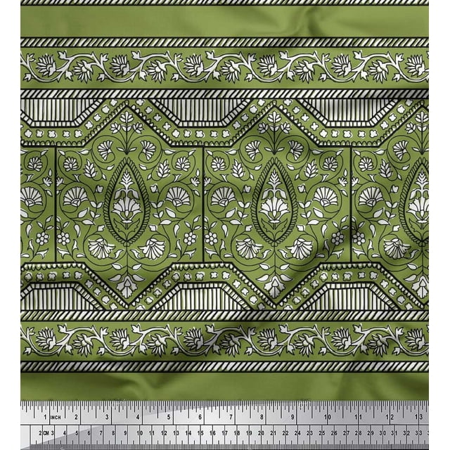 Soimoi Silk Fabric Leaves & Floral Block Fabric Prints by Yard 42 Inch Wide