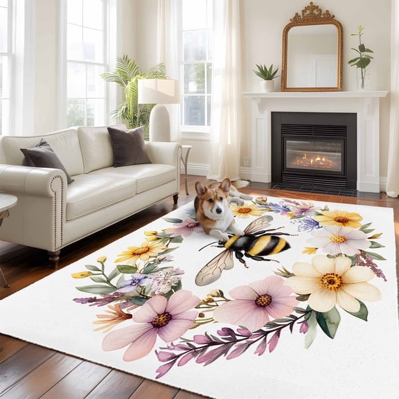 6'x9' Area Rugs, Rustic Bee Garland Indoor Outdoor Area Rug for Living Room Bedroom, Spring Floral Watercolor Washable Bathroom Rugs Kitchen Floor Carpet Mats Home Decor Aesthetic
