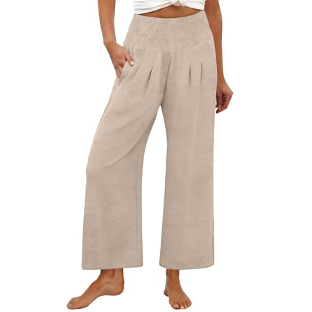 iHPH7 Wide Leg Trousers Women Lightweight Palazzo Pants Drawstring Pants Women Summer Beach Vacation Clothes Elastic Waist Trousers Pull On Beach Wear (S-XXL)