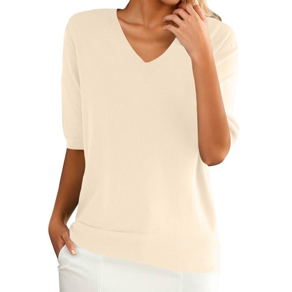 WTOBBY Women's Sweater T-Shirt Short Sleeve Knitted Pullover V-Neck Lightweight Casual Solid Color Top Elegant for Spring and Summer Comfort Breathable Fabric Everyday Style,Beige L