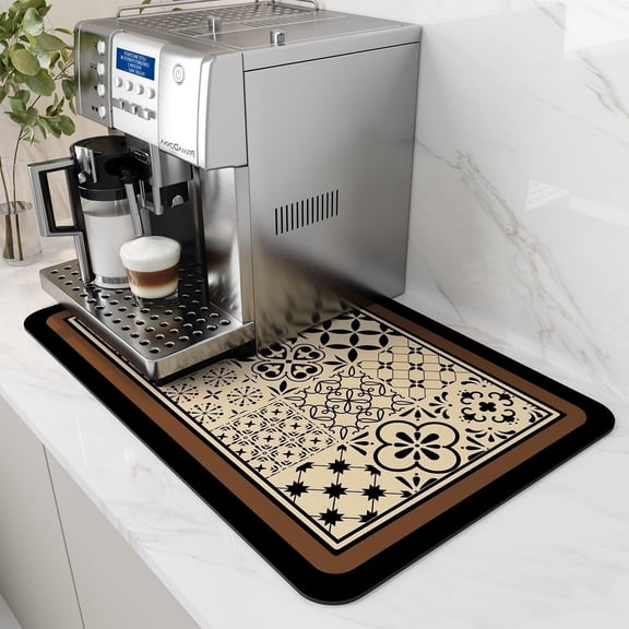 Coffee Bar Mat Rrtro Brown Coffee Mat Non Slip Rubber Backed Dish Drying Mat Anti-Slip Cafe Bar Accessories for Kitchen Counter Coffee Maker or Machine, 15.7x19.7 inch