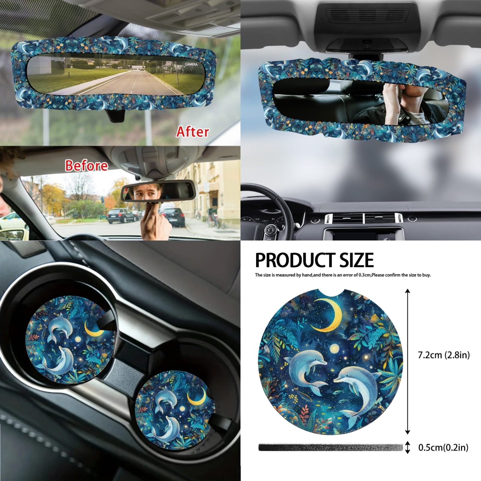 Jeiento Blue Dolphin Car Seat Cover Set with Auto Steering Wheel Cover Seat Belt Strap Protector Cup Holder Trash Bag Gear Shift Knob Cover Set Rear View Mirror Protector Floral Armrest Cover
