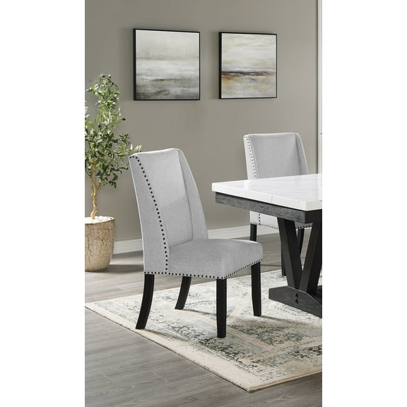 CoSoTower Modern Look 2PC Light Gray Finish Side Chair Fabric Full Back Upholstered Seat Back Wing Black Finish Nailhead Trim Accent Dining Room Wooden Furniture