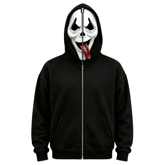 Scary Ghost Face Full Zip Masked Hoodie, Black Long Sleeve Hooded Sweatshirt Outfit for Men Women Halloween