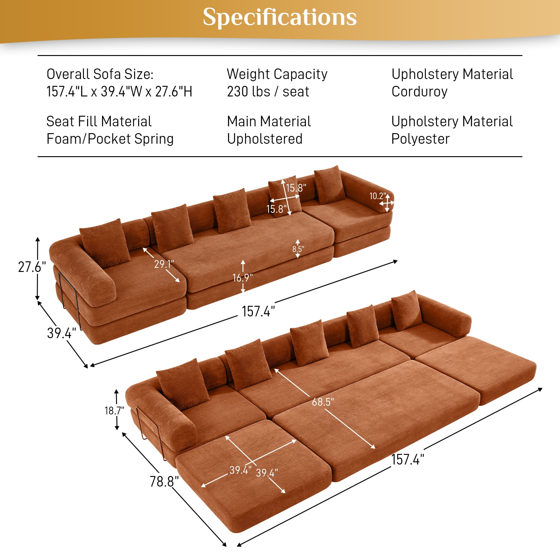 157" Convertible Sleeper Sofa Bed,Corduroy Futon Sofa Couch with High-Density Foam,Deep Seat Sofa for Living Room, Bedroom,Orange