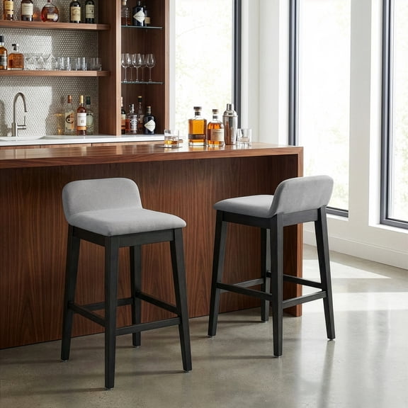 Set of 2 Atia Black Stained Rubberwood Bar Height Bar Stool with Low Back Fabric Seat