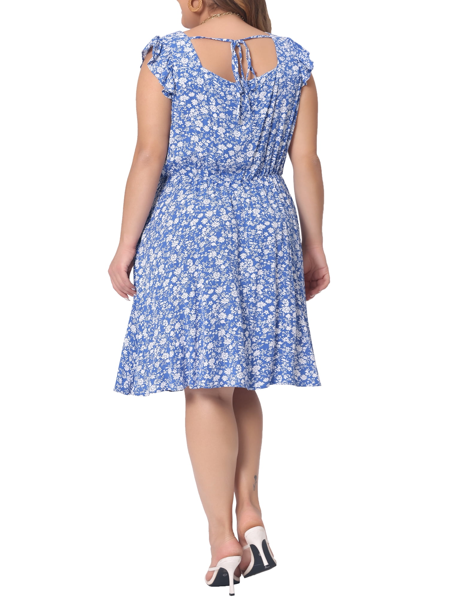 DARING DIVA Women's Plus Size Square Neck Ruffle Short Sleeve Midi Dress 4X Blue