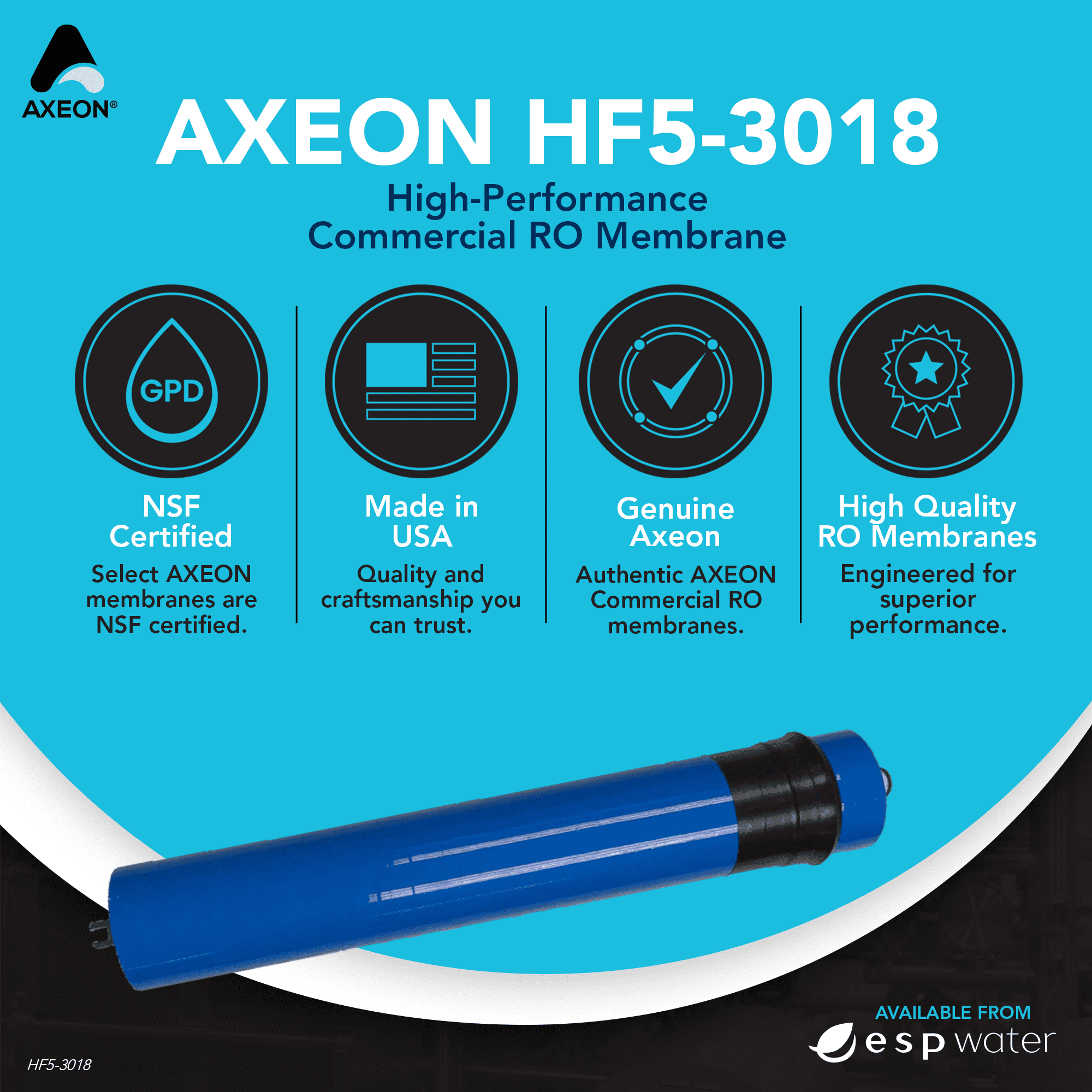 Axeon HF5-3018 RO Membrane Replacement, 600 GPD, 80 PSI, 4" x 14", Polyamide Thin Film, 209175