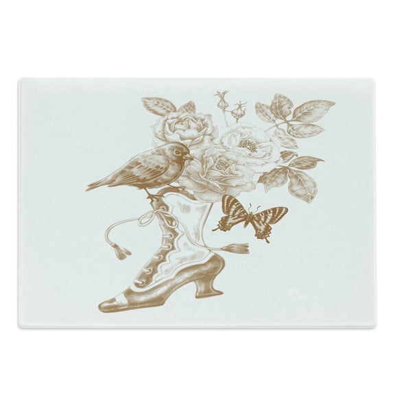 Victorian Cutting Board, Nostalgic Boots Roses Butterfly and Bird British Trend Upper Shoe Art, Decorative Tempered Glass Cutting and Serving Board, Large Size, Brown White, by Ambesonne