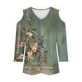 thumbnail image 3 of BiZtdJrK Ladies V Neck Floral Top Women 2024 Trendy 3/4 Sleeve Cold Shoulder Tops Comfy Summer Blouse Back To College Sale Army Green XL, 3 of 5
